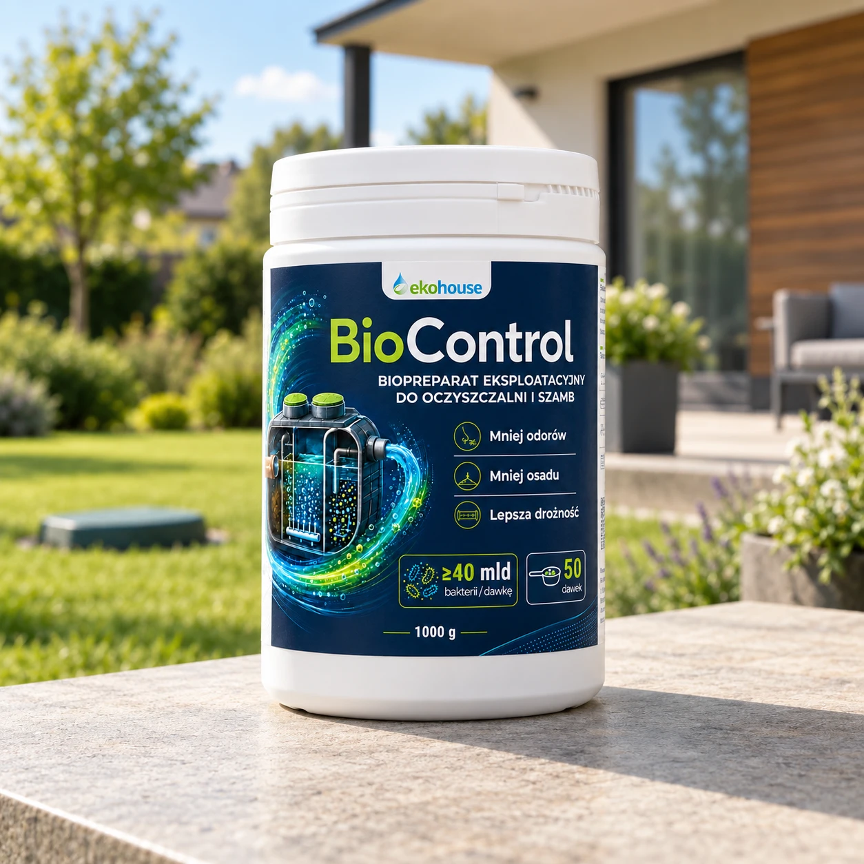 Opakowanie BioControl 1000 g, biopreparatu do oczyszczalni i szamb, na tle domu z ogrodem