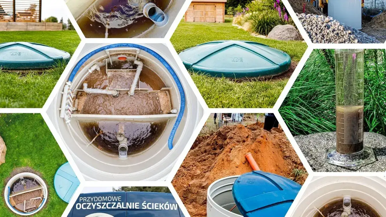 Kolaż przedstawiający elementy i etapy montażu przydomowej biologicznej oczyszczalni ścieków: komory oczyszczania, pokrywy ogrodowe, montaż w gruncie oraz próbkę oczyszczonych ścieków.