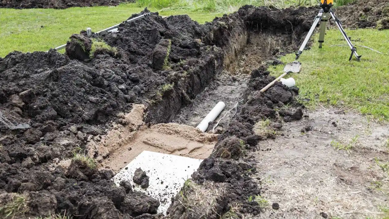 Wykop i montaż rur drenażowych podczas instalacji przydomowej biologicznej oczyszczalni ścieków.