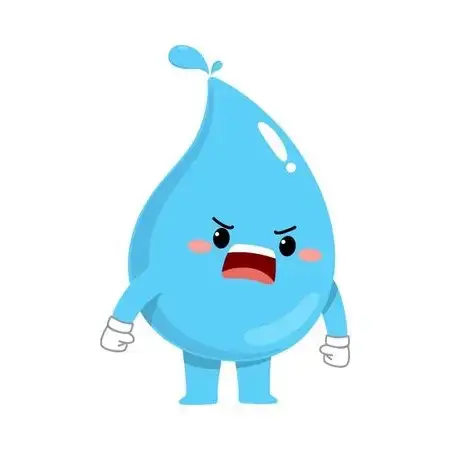 Ilustracja przedstawiająca animowaną kroplę wody z emocjonalnym wyrazem twarzy, wykorzystywaną w materiałach edukacyjnych o przydomowych biologicznych oczyszczalniach ścieków.