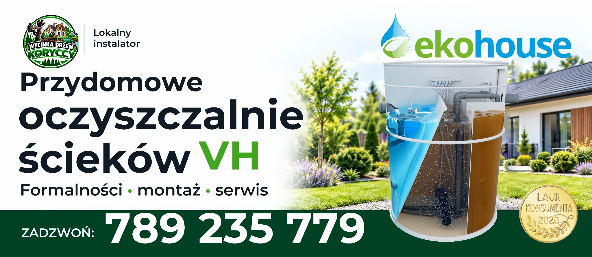 Baner partnera Koryccy z ofertą przydomowych oczyszczalni i montażu