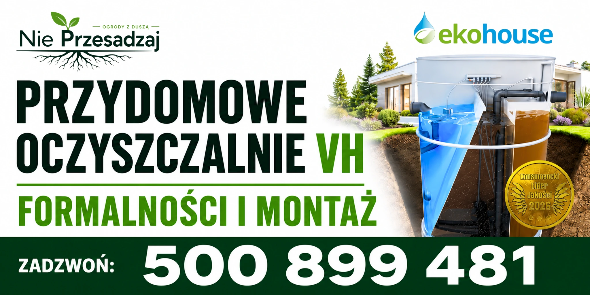Przykład baneru firmy Nie Przesadzaj z jej logo, ofertą montażu i numerem telefonu